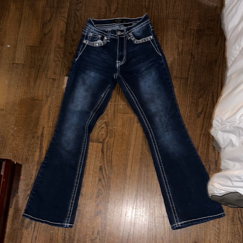 Rebels Blue Flare Wide Leg Jeans with Vintage Wash
